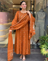 Rust Orange Embroidered Cotton kurta & pant with malmal dupatta