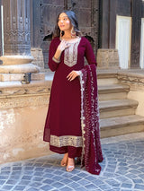 Maroon Embroidered Kurta Set with Dupatta