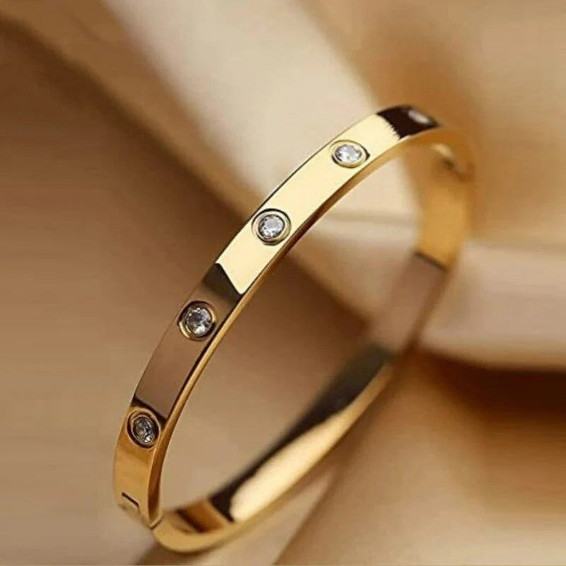 Stainless Steel Contemporary Gold Toned Love AD Anti-Tarnish Bracelet with Crystal Accents