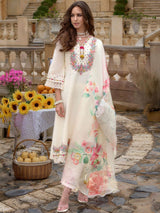 Off-White Floral Embroidered Ethnic Kurta Set with Printed Dupatta