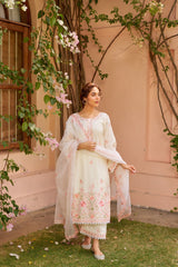 Soft Chanderi White & Pink Floral Embroidered Kurti with Dupatta