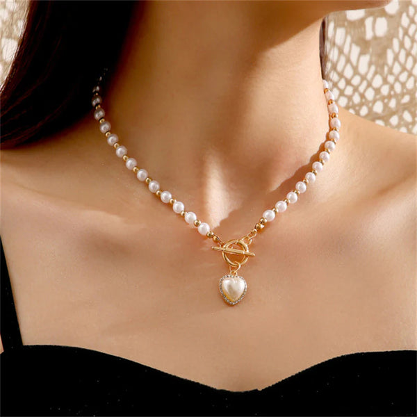 Elegant White Gold Toned Heart inspired Pearl Necklace For Women