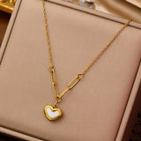 Gold-Toned Chain-Link Necklace with White Enamel Pendant Anti Tarnish Heart Themed Pendant
