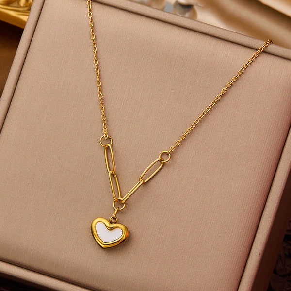Gold-Toned Chain-Link Necklace with White Enamel Pendant Anti Tarnish Heart Themed Pendant