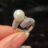 Silver Toned Pearl Studded Silver Jaguar Themed Finger Ring with Pearl Accent for Women