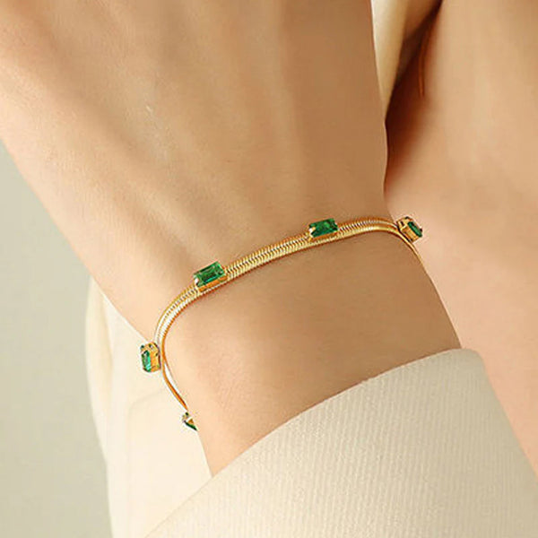 Gold Toned Anti Tarnish Snake Chain Green Emerald Studded Wraparound Bracelet