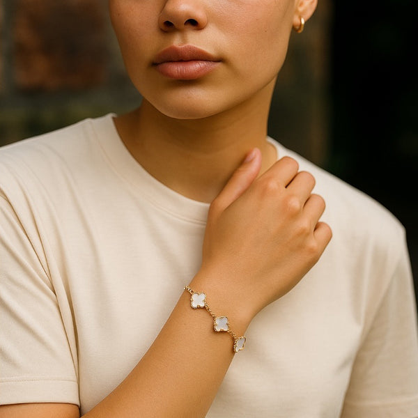 Gold-Plated White Clover Charm Bracelet with Adjustable Chain