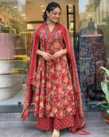 Red Floral Printed Cambric Cotton Kurti with Palazzo & Dupatta