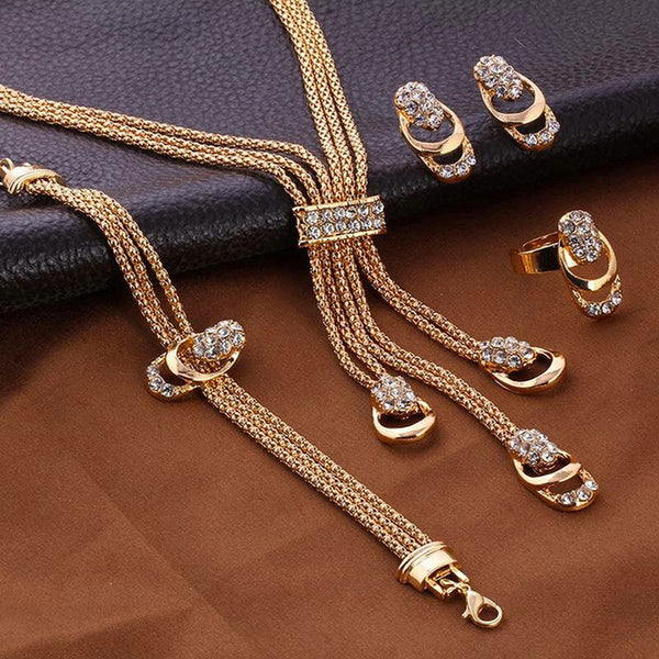 Gold-Toned & Crystal-Studded Necklace, Bracelet, Earrings & Ring Jewelry Set