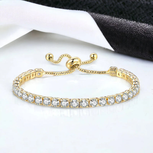Gold Toned Round Cut with Sparkling Cubic Zirconia White Matrix Adjustable Tennis Bracelet