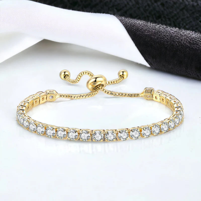 Gold Toned Round Cut with Sparkling Cubic Zirconia White Matrix Adjustable Tennis Bracelet