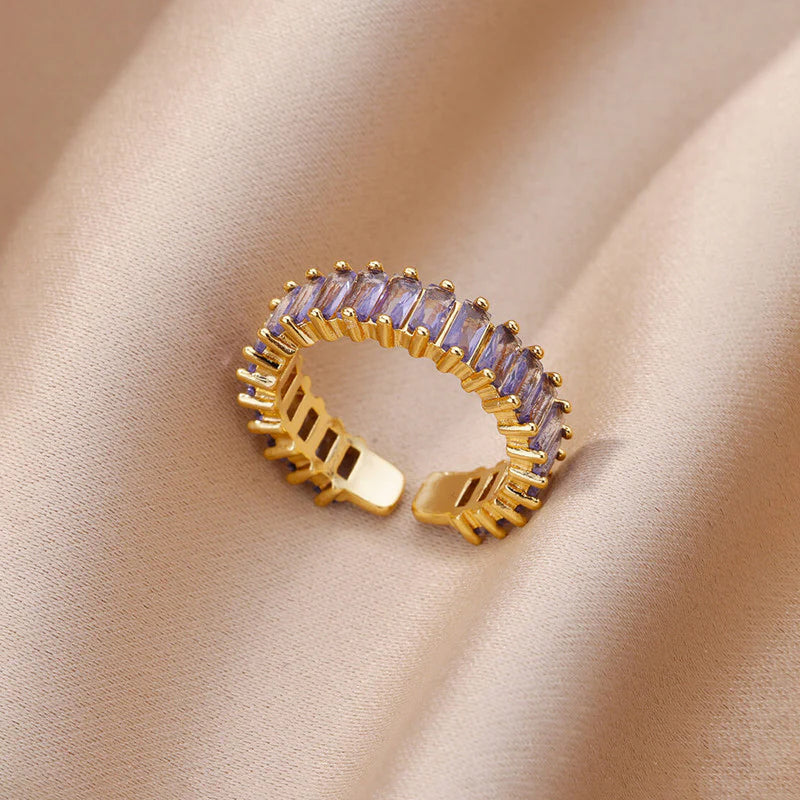 Gold Toned Anti Tarnish Purple Adjustable Finger Ring  with Lavender Baguette-Cut Stones