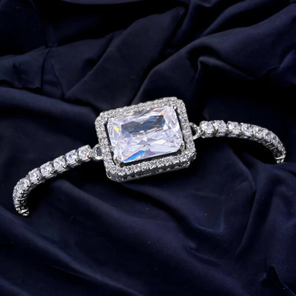 Luxurious Silver-Toned Statement Bracelet with Rectangular Crystal Centerpiece for Women
