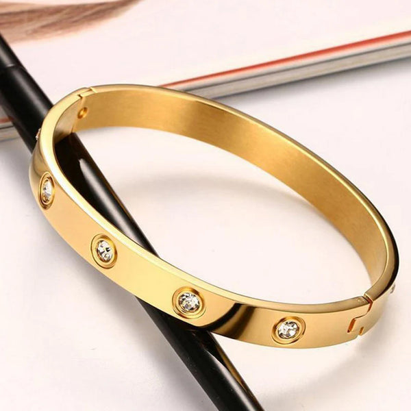 Stainless Steel Contemporary Gold Toned Love AD Anti-Tarnish Bracelet with Crystal Accents