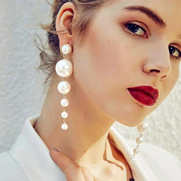 Scintillating Statement Gold-Toned Long Pearl Drop Earrings