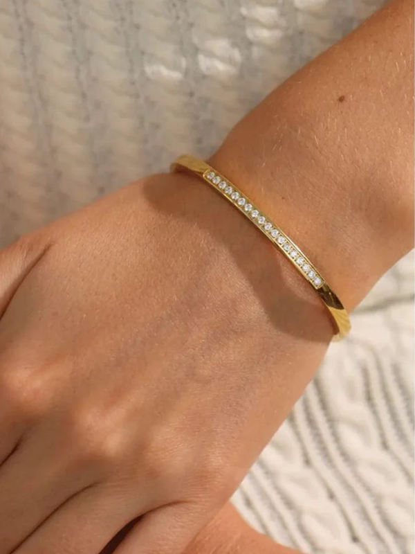 Gold-Plated Sleek Bangle Bracelet with Embedded CZ Stones
