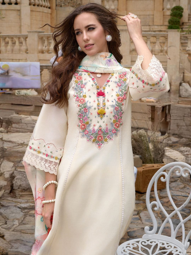 Off-White Floral Embroidered Ethnic Kurta Set with Printed Dupatta