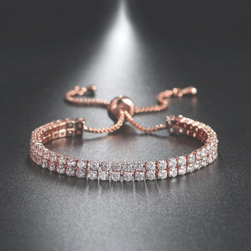 Elegant Rose Gold Toned Dual Strand Round Cut Cubic Zirconia White Matrix Adjustable Tennis Bracelet