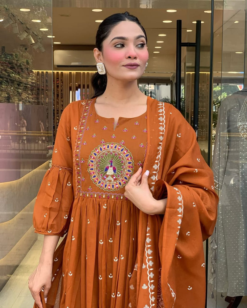 Rust Orange Embroidered Cotton kurta & pant with malmal dupatta