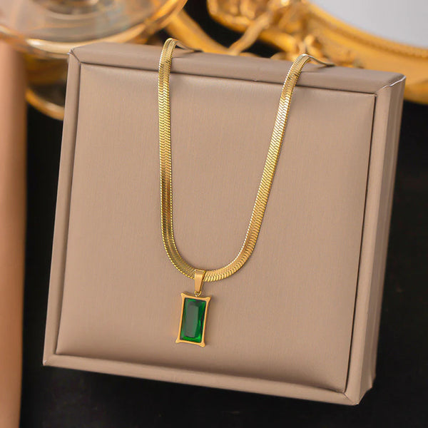 Gold-Toned Snake Chain Anti Tarnish Emerald-Green Rectangular Pendant