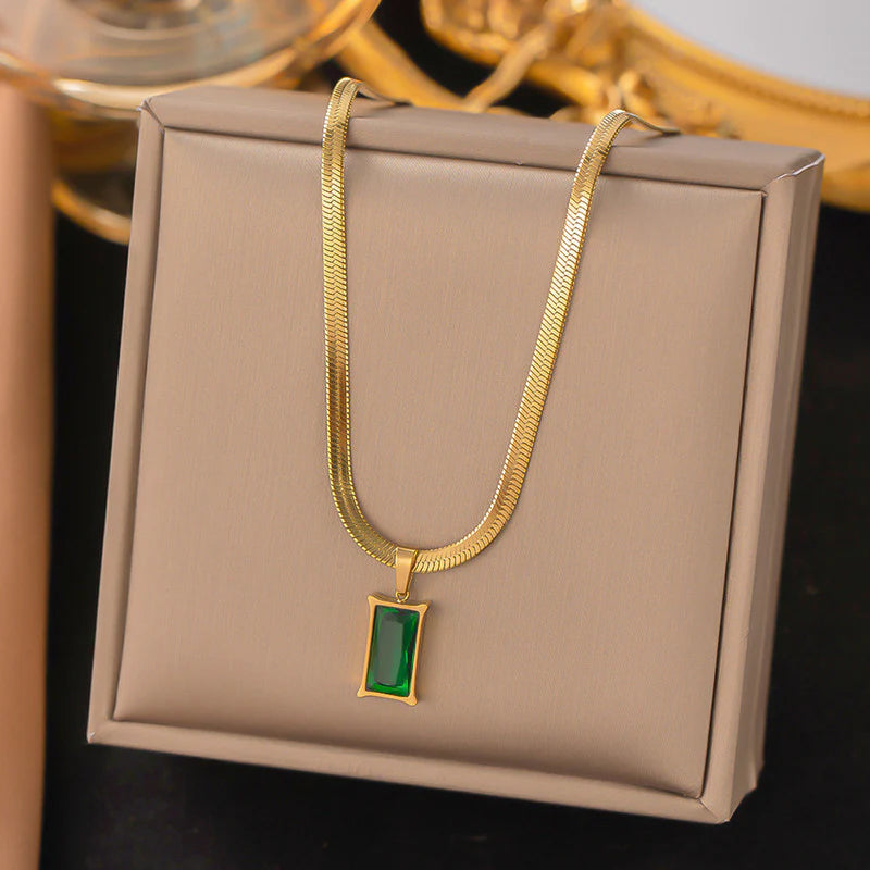 Gold-Toned Snake Chain Anti Tarnish Emerald-Green Rectangular Pendant