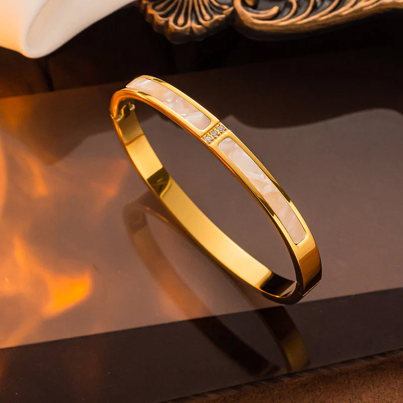 Gold Toned Mother of Pearls Contemporary Anti-Tarnish Bracelet with Enamel Inlay & Crystal Accents