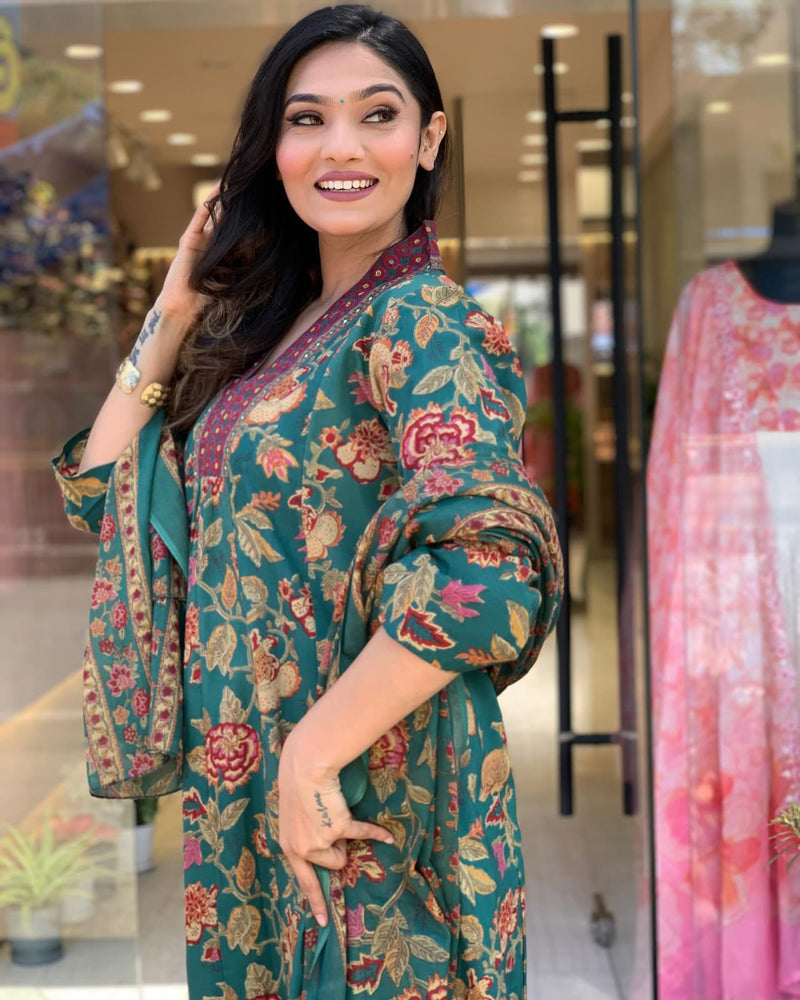 Red Floral Printed Cambric Cotton Kurti with Palazzo & Dupatta