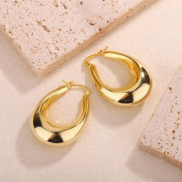 Gold Toned Anti Tarnish Chunky Geometric Statement Teardrop Hoop Earrings