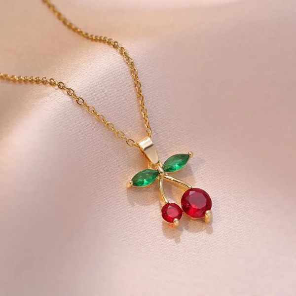 Gold-Plated Cherry Pendant Necklace with Red & Green Stones