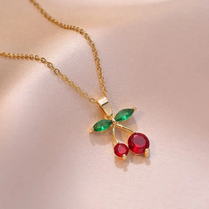 Gold-Plated Cherry Pendant Necklace with Red & Green Stones