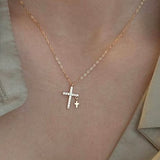Gold-Plated Dual Cross Pendant Necklace with Cubic Zirconia