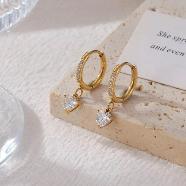 Gold-Plated CZ-Studded Hoop Earrings with Heart-Shaped Danglers
