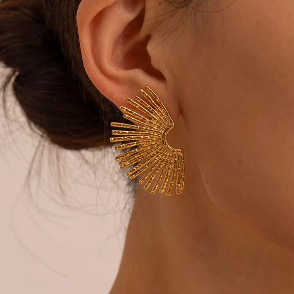 Gold-Plated Textured Fan Statement Earrings for Women