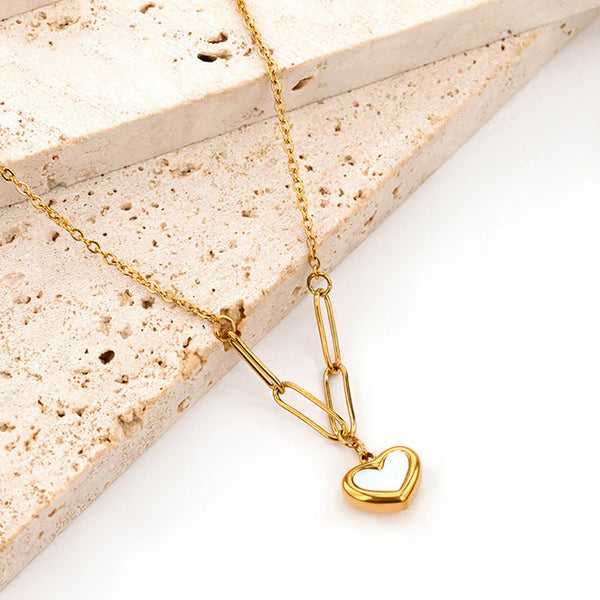 Gold-Toned Chain-Link Necklace with White Enamel Pendant Anti Tarnish Heart Themed Pendant