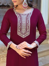 Maroon Embroidered Kurta Set with Dupatta