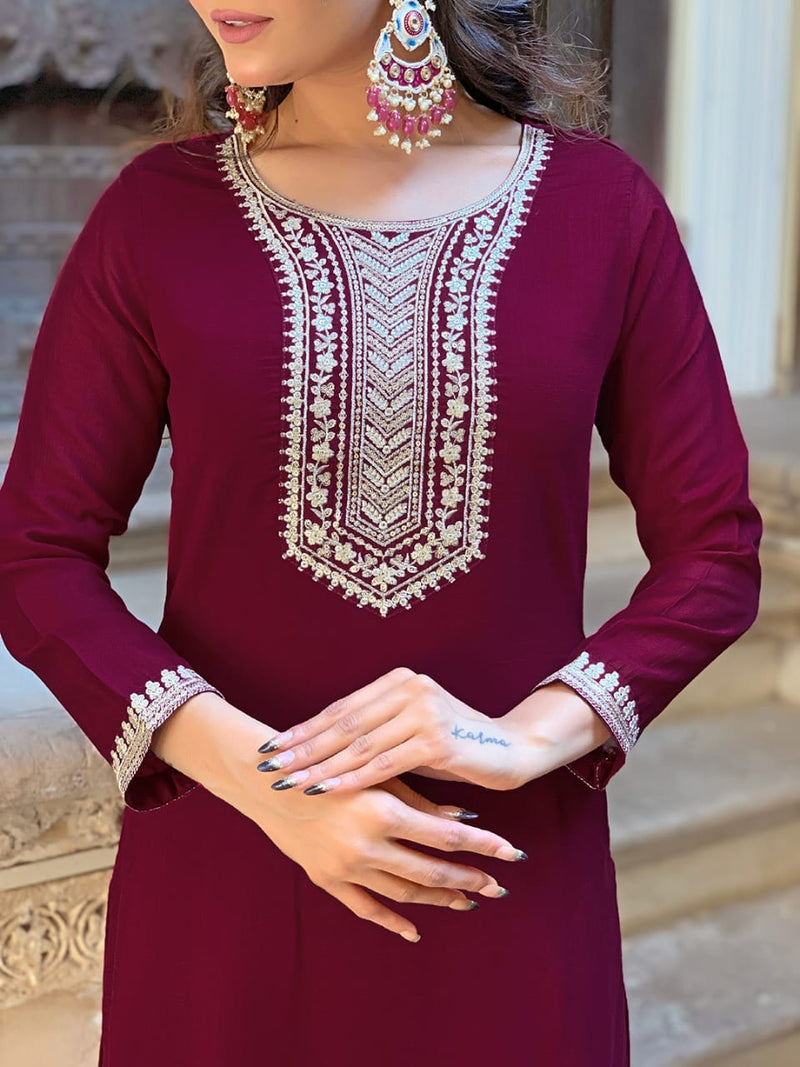 Maroon Embroidered Kurta Set with Dupatta