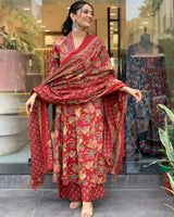 Red Floral Printed Cambric Cotton Kurti with Palazzo & Dupatta