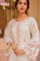 Soft Chanderi White & Pink Floral Embroidered Kurti with Dupatta