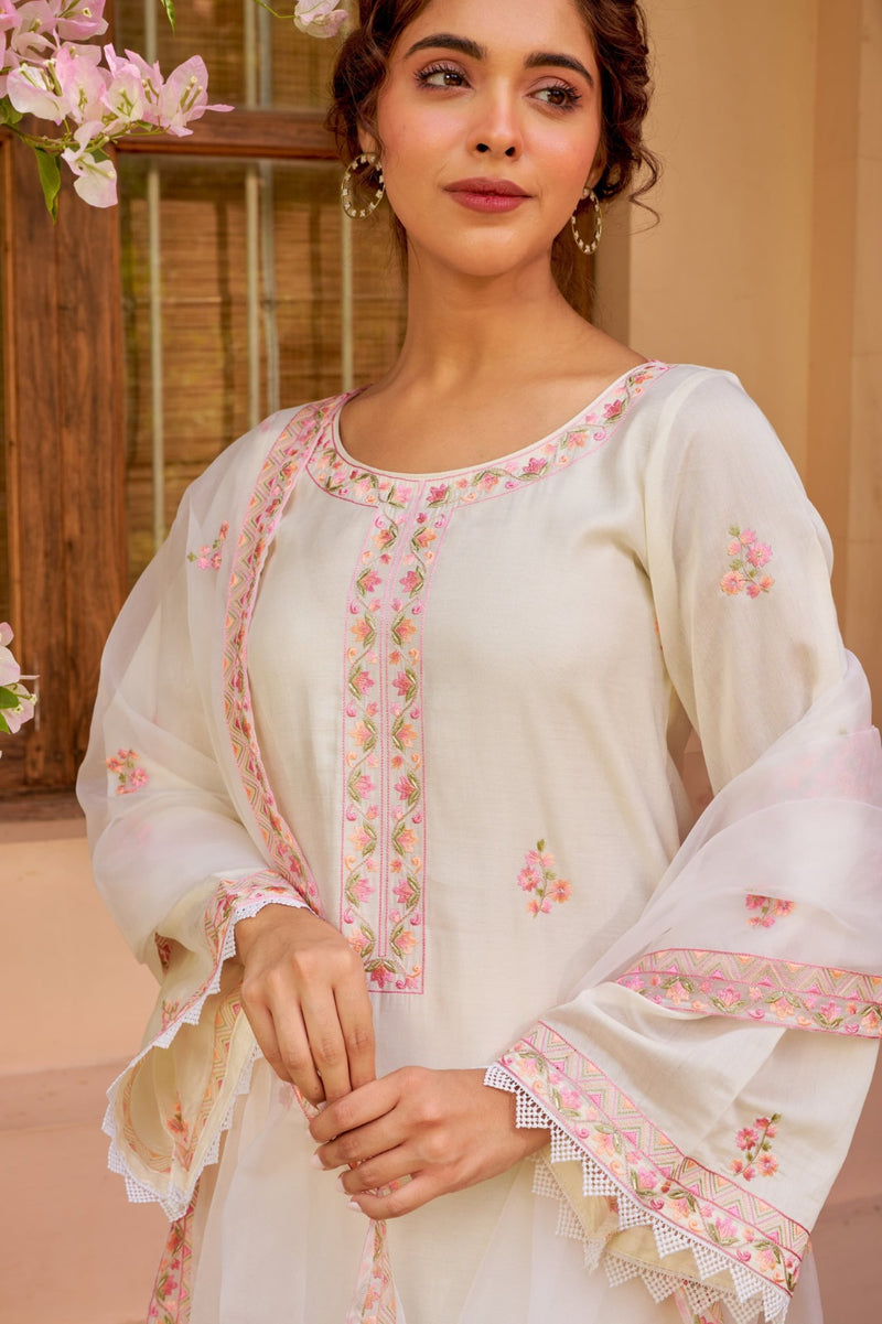 Soft Chanderi White & Pink Floral Embroidered Kurti with Dupatta