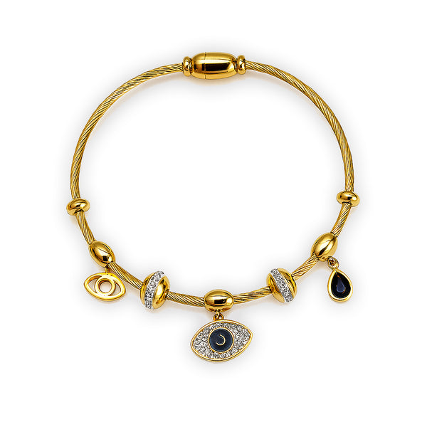 Gold-Plated Evil Eye Charm Cable Bracelet with Beads