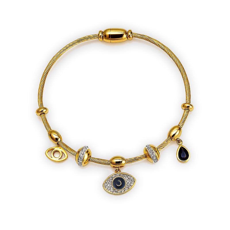 Gold-Plated Evil Eye Charm Cable Bracelet with Beads