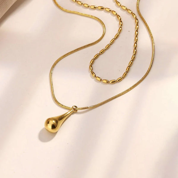 Gold-Toned Anti Tarnish Minimalistic Teardrop Layered Necklace