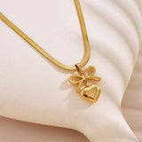 Gold Toned Anti Tarnish Snake Chain Necklace with Bow and Heart Pendant