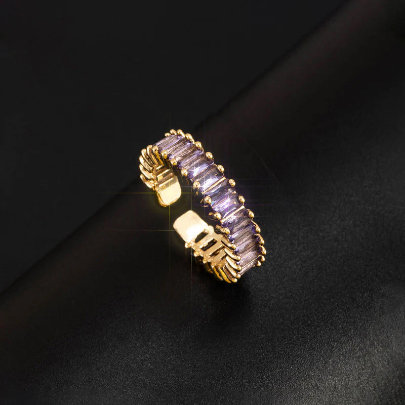 Gold Toned Anti Tarnish Purple Adjustable Finger Ring  with Lavender Baguette-Cut Stones