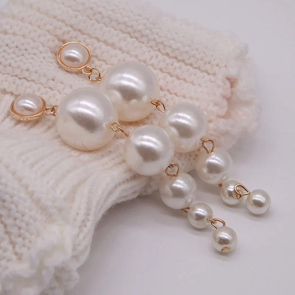 Scintillating Statement Gold-Toned Long Pearl Drop Earrings