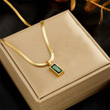 Gold-Toned Snake Chain Anti Tarnish Emerald-Green Rectangular Pendant