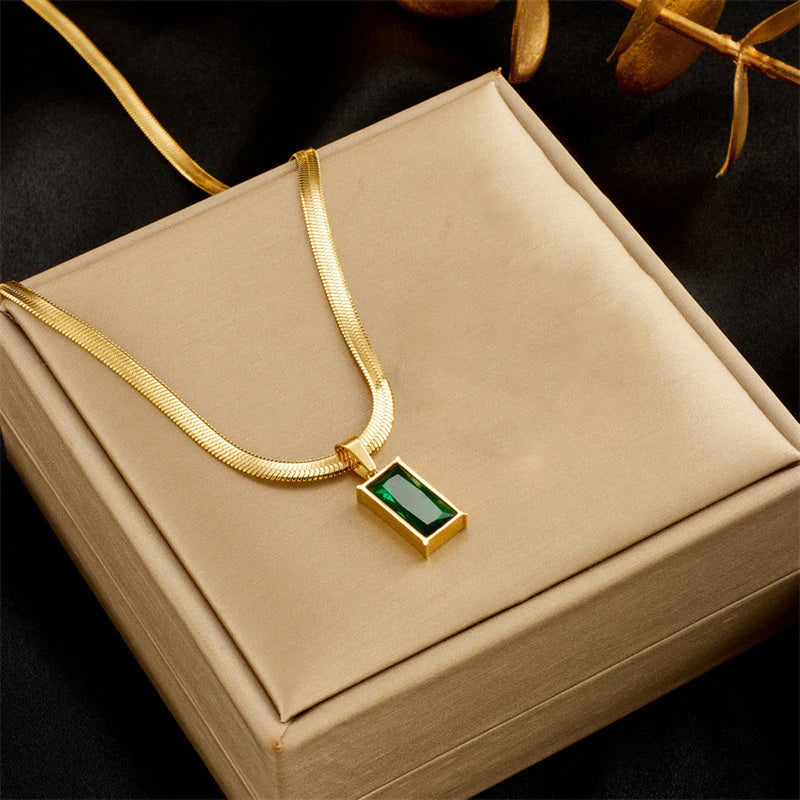 Gold-Toned Snake Chain Anti Tarnish Emerald-Green Rectangular Pendant