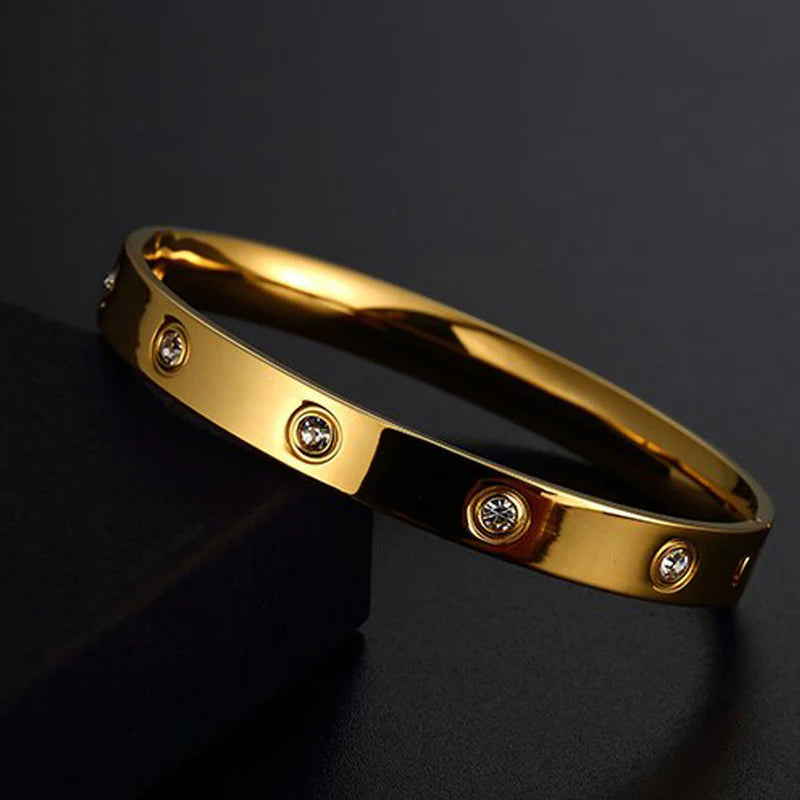 Stainless Steel Contemporary Gold Toned Love AD Anti-Tarnish Bracelet with Crystal Accents