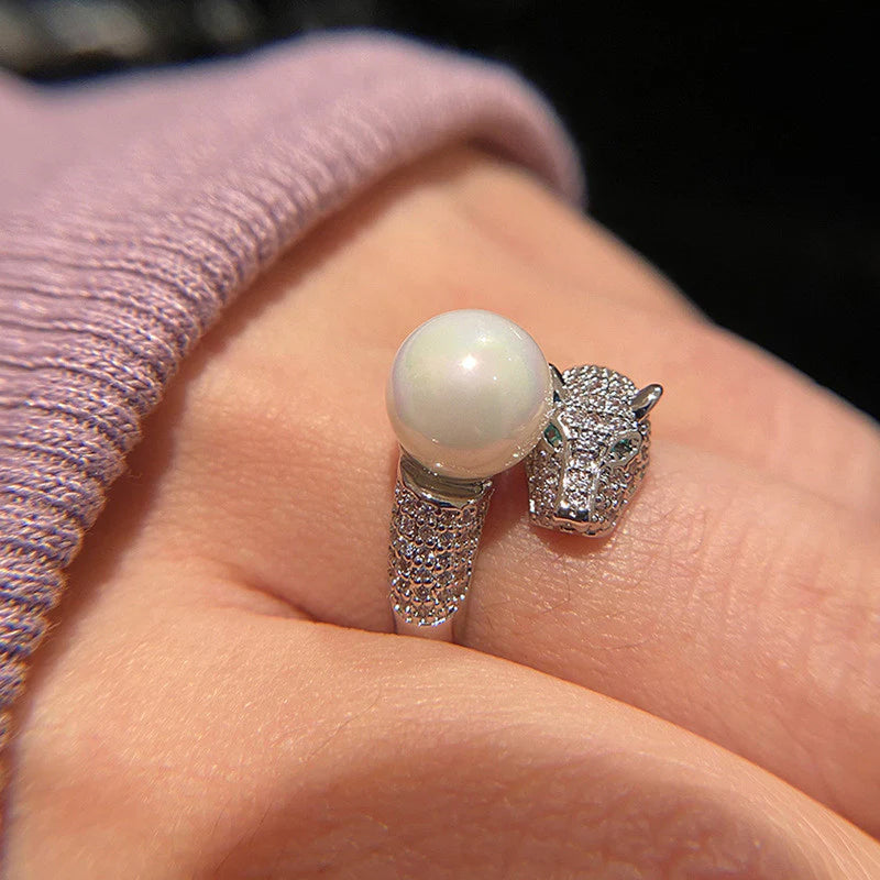 Silver Toned Pearl Studded Silver Jaguar Themed Finger Ring with Pearl Accent for Women