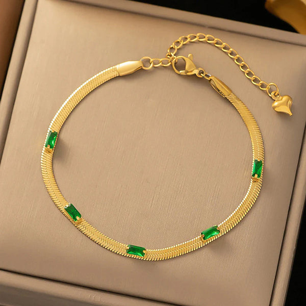 Gold Toned Anti Tarnish Snake Chain Green Emerald Studded Wraparound Bracelet